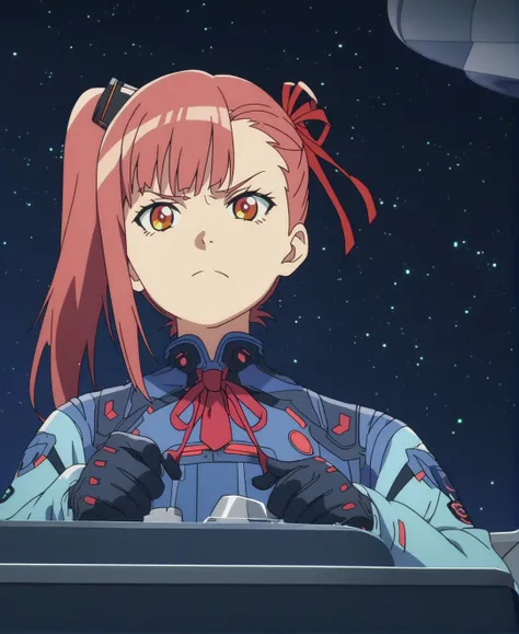 score_9,score_8_up,score_7_up,score_6_up,source anime BREAK, anime screencap,
1girl,solo,cockpit,spaceship,space,science fiction,dark background,piloting,cyberpunk,serious,(spacesuit:0.4),(military uniform:0.5),long sleeves,gloves,dress,sitting,side ponytail,red_hair,amber eyes,hair ribbon,tie,straight-on,from below,particles
 <lora:Anime Screencap_epoch_10:1.2>