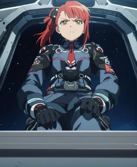 score_9,score_8_up,score_7_up,score_6_up,source anime BREAK, anime screencap,
1girl,solo,cockpit,spaceship,space,science fiction,dark background,piloting,cyberpunk,serious,(spacesuit:0.4),(military uniform:0.5),long sleeves,gloves,dress,sitting,side ponytail,red_hair,amber eyes,hair ribbon,tie,straight-on,from below,particles, no shoes,
 <lora:Anime Screencap_epoch_10:1.2>