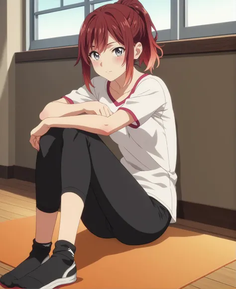 score_9,score_8_up,score_7_up,score_6_up,source anime BREAK, anime screencap,
indoors,sitting,1girl,solo,yoga pants,shirt,gradient hair,brown hair,red hair,grey eyes,medium breasts,ankle socks
 <lora:Anime Screencap_epoch_10:1.2>