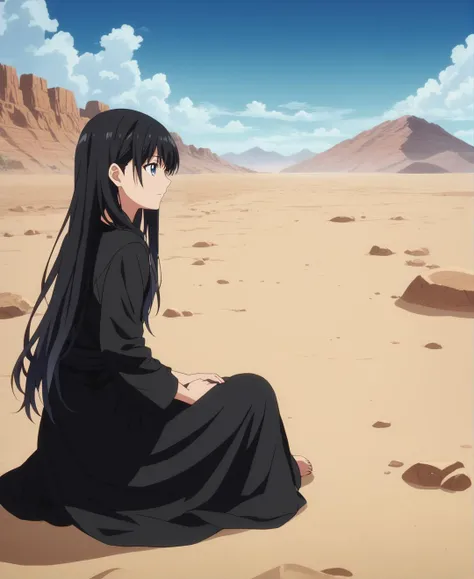 score_9,score_8_up,score_7_up,score_6_up,source anime BREAK, anime screencap,
1girl,black dress,blue eyes,black hair,long hair,scenery,cowboy shot,sitting,desert,night
 <lora:Anime Screencap_epoch_10:1.2>