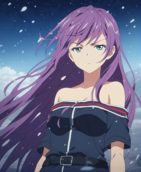 score_9,score_8_up,score_7_up,score_6_up,source anime BREAK, anime screencap,
1girl,military uniform,cold,snowing,very long hair,purple hair,serious,half-closed eyes,looking at viewer,cowboy shot,starry sky,wind,scenery,medium breasts,aqua eyes,depth of field,blurry background,off shoulder,bare shoulders,bare legs
 <lora:Anime Screencap_epoch_10:1.15>