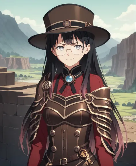 score_9,score_8_up,score_7_up,score_6_up,source anime BREAK, anime screencap,
1girl, solo, standing, off shoulder, armor, long sleeves, steampunk, hat, medium breasts, gradient hair, black hair, red tips, long hair, grey eyes, white pupils, smirk, portrait, bangs, closed mouth, round glasses, medium breasts, scenery
 <lora:Anime Screencap_epoch_10:1.2>