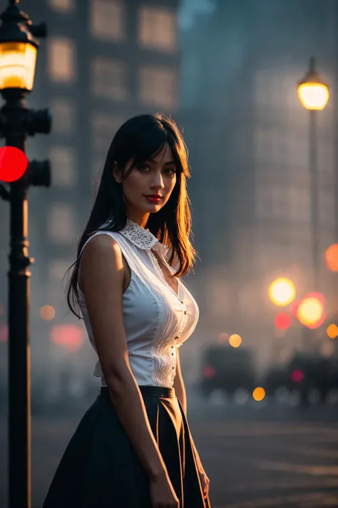 medium shot photo of a mix of (blouse with ruffled collar, high-waisted skirt, and ankle boots:0.8) and (pants:0.5) (jam33la:0.99), nice cleavage, red lips, intricate steampunk+ city, evening, dark, atmospheric, mist, best quality masterpiece, photorealistic, detailed, 8k, HDR, shallow depth of field, broad light, high contrast, backlighting, bloom, light sparkles, chromatic aberration, sharp focus, RAW color photo<lora:epiNoiseoffset_v2Pynoise:1.0>