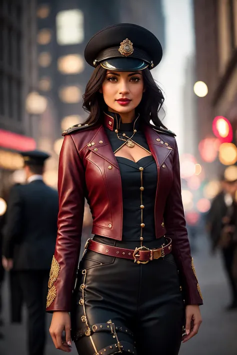 medium shot photo of a mix of (officer-style tunic, jodhpurs, and tall riding boots:0.8) and (trousers:0.5) (jam33la:0.99), nice cleavage, red lips, intricate steampunk+ city, evening, dark, atmospheric, mist, best quality masterpiece, photorealistic, detailed, 8k, HDR, shallow depth of field, broad light, high contrast, backlighting, bloom, light sparkles, chromatic aberration, sharp focus, RAW color photo<lora:epiNoiseoffset_v2Pynoise:1.0>