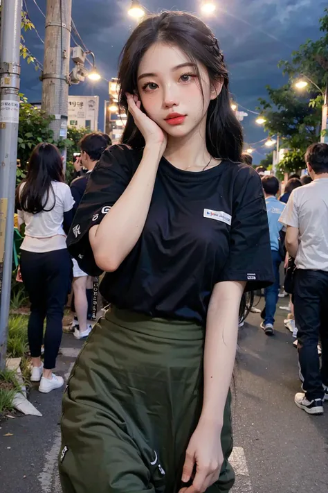 <lora:AI_kmanh:1>, office uniform, amazing lighting, cinematic lighting, (busy Korean Street),
((SFW)), (best quality, masterpiece:1.4), absurdres, ultra-detailed CG, 8k, high detailed, beautiful face, detailed face, 1girl, solo ,braid, toned, shiny skin, head tilt, standing still, bloom, light particles, depth of field,