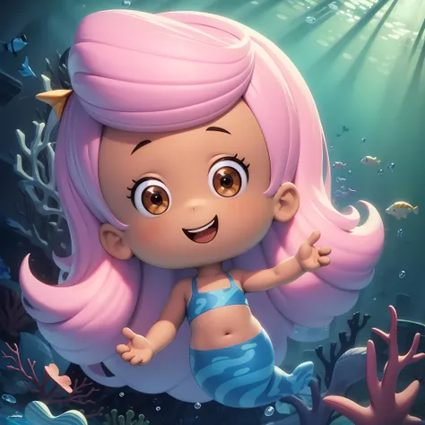 ((masterpiece, best quality)),solo,1girl, brown eyes, pink hair, dark skin,full body, mermaid, Molly,  <lora:Molly_BubbleGuppies1:0.6>, underwater, chibi, swimming,