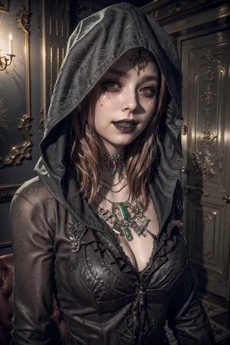 (realistic:1.3), finely detailed, quality, rembrandt lighting, (masterpiece:1.2), (photorealistic:1.2), (best quality), (detailed skin:1.3), (intricate details), dramatic, ray tracing, 1girl, DanielaDRE, 21 years old, detailed skin texture, (blush:0.5), (goosebumps:0.5), subsurface scattering, smiling, medium breasts, jewelry, hood, necklace, breasts, cleavage, black lips, smile, makeup, lipstick, cowboy shot, (bright sunny day), <lora:DanielaDRE:0.7>