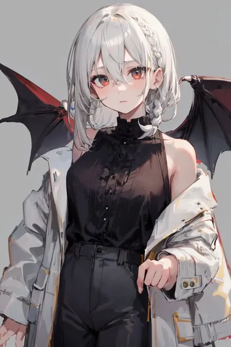 masterpiece, high quality,1girl,solo, medium hair, (hair between eyes),(D3D3D3 braided bangs), Demon wings, pale face, (Off-the-shoulder blouse, Jersey pants, Checked coat)