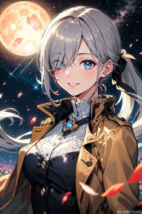 masterpiece, best quality, black trench coat,long hair, hair over one eye, low ponytail, gray hair, Orange eye, smile brightly, whole body, illustration, beautiful detailed girl, beautiful detailed glow, beautiful detailed eyes, highres, detailed, high resolution illustraion, ultra-detailed, detailed background, beautiful detailed face, scenery, landscape, space, star(sky), scenery focus, starlight, glowing, on the moon, starry sky, blue star, 4k, planet, flower, falling petals, glowing sky, finely detailed