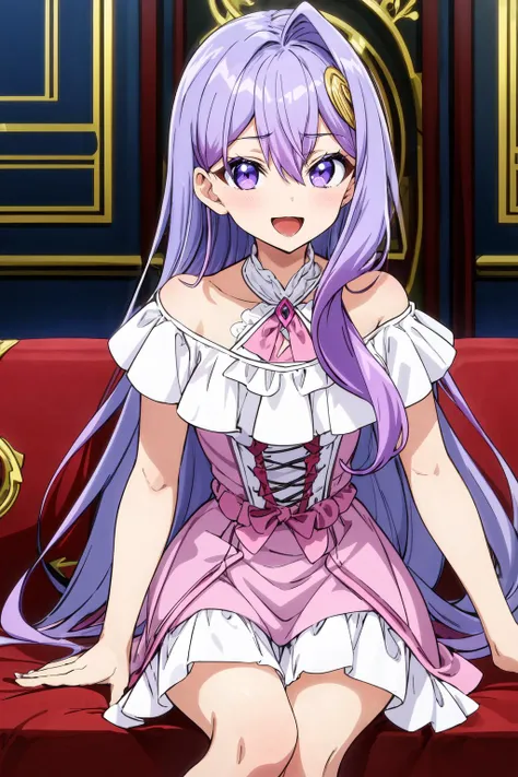 masterpiece, best quality, rule of third, (looking at viewer) glossy lips, 1girl, solo, long hair, purple eyes, hair between eyes, purple hair, hair intakes, hair ornament, bangs, :D, pink dress, inside, royal banquet, curtsey, sitting, professional light, light