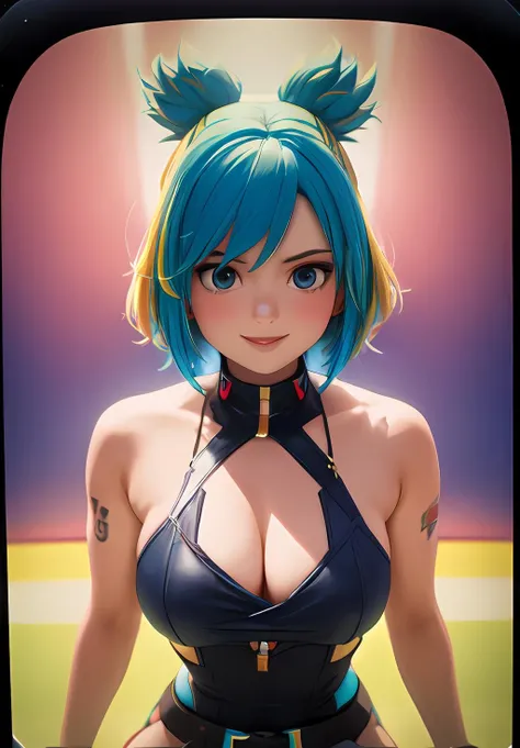 (instant photo:1.3), soft focus, <lora:Neon:0.8>, Neon, 1girl, solo, smile, sitting, blue hair, blonde hair, multicolored hair, short hair, (acclaimed, alluring, captivating, exciting, gorgeous, striking:1.3), (ultra-high res, high details, absurdres:1.3)