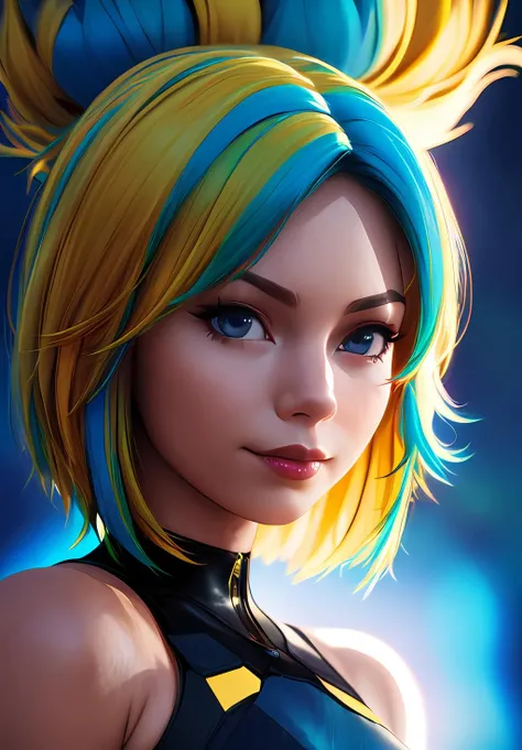 (instant photo:1.3), soft focus, <lora:Neon:0.8>, Neon, 1girl, solo, smirk, portrait, from side, blue hair, blonde hair, multicolored hair, short hair, (acclaimed, alluring, captivating, exciting, gorgeous, striking:1.3), (ultra-high res, high details, absurdres:1.3)