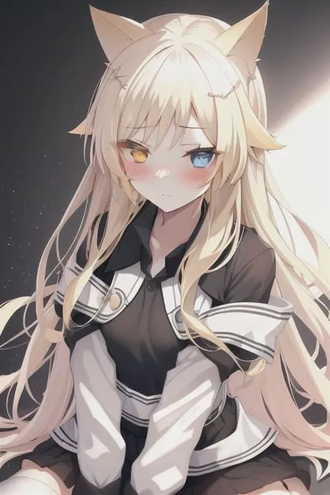 nightmare \(arknights\), 1girl, solo, heterochromia, animal ears, white background, blush, blue eyes, orange eyes, sleeves past wrists, looking at viewer, long hair, closed mouth, hair ornament, shirt, blonde hair, cat ears, bangs, collared shirt, long sleeves, calm, indoors, sitting on bed<lora:arknightsNightmare:0.8>