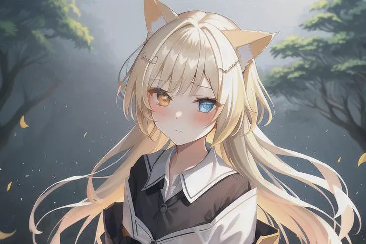 nightmare \(arknights\), 1girl, solo, heterochromia, animal ears, white background, blush, blue eyes, orange eyes, sleeves past wrists, looking at viewer, long hair, closed mouth, hair ornament, shirt, blonde hair, cat ears, bangs, collared shirt, long sleeves, calm, outside, park, trees, sitting on bench<lora:arknightsNightmare:0.8>