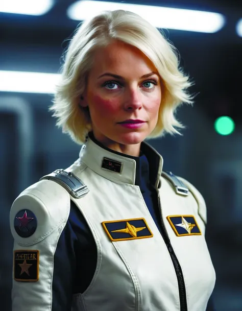 portrait,star blazers,an eccentric beautiful strong badass female fighter pilot,pale skin,short white-hair,wearing a tight jumpsuit with shoulder pads :2 space fighter ship repair bay,space figher,crews working,many space fighters ships,matte,environmental,bokeh:1,octane,high detail,concept,epic,realism,rule of thirds,volumetric lighting,by diegocr,cinematic,8k:1,<lora:add-detail-xl:1.6>,nebula <lora:FusionDraw9527_Nebula_SDXL_V2_4800:0.8>