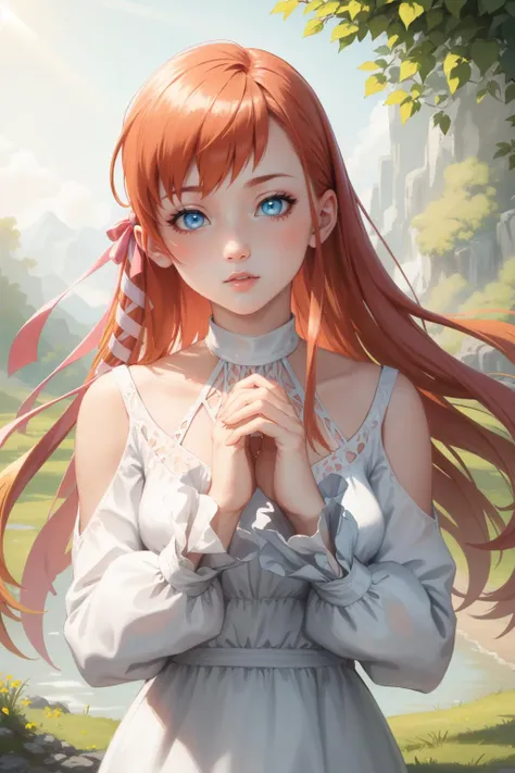 masterpiece, best quality, ryne, hair ribbon, white dress, upper body, looking at viewer, own hands together, sunlight  <lora:ryne-nvwls-v2-000012:0.9>