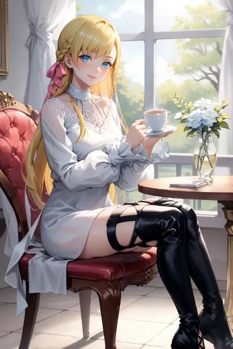 masterpiece, best quality, ryne, blonde hair, hair ribbon, white dress, thigh boots, sitting, indoors, marble tile, featureless white room, round table, tea, sitting in chair, looking at viewer, smile <lora:ryne-nvwls-v2-000012:0.9>