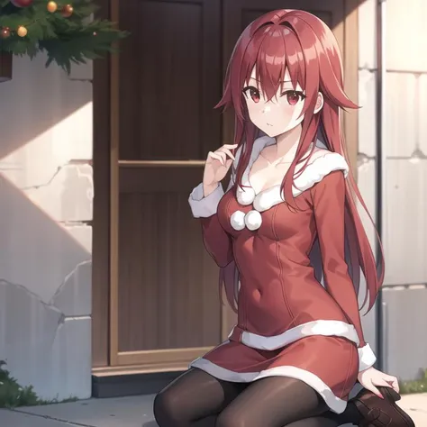 bofuri-mii, santa costume, red hair, long hair, bangs, hair between eyes, red eyes, hair band, collarbone, full body, medium breasts, solo, 1girl, outdoors <lora:bofuri-mii-000003:0.4>