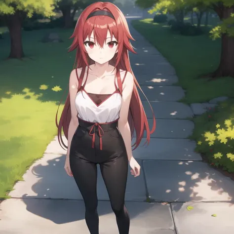 1 girl, long hair, red hair, 2 red horns, red orange eyes, large breast, white sport tank top, mini short pants, she wet, nipple perked out from under shirt, clothes sticking to her body, outdoor, public park, looking at viewers, perfect finger shape, the number of fingers is not excessive