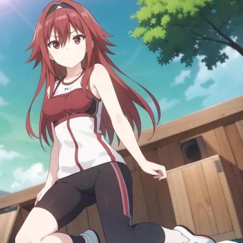 bofuri-mii, gym clothes, red hair, long hair, bangs, hair between eyes, red eyes, hair band, collarbone, full body, medium breasts, solo, 1girl, outdoors <lora:bofuri-mii-000003:0.7>