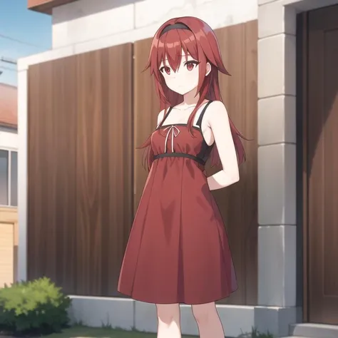 bofuri-mii, dress sleeveless, red hair, long hair, bangs, hair between eyes, red eyes, hair band, collarbone, full body, medium breasts, solo, 1girl, outdoors <lora:bofuri-mii-000003:0.5>