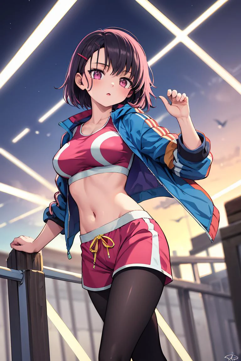 (masterpiece, best quality), 1girl, <lora:MikazukiShizuka:1> MikazukiShizuka, hairclip , sports bra, pink dolphin shorts, legwear under shorts, black pantyhose, blue jacket