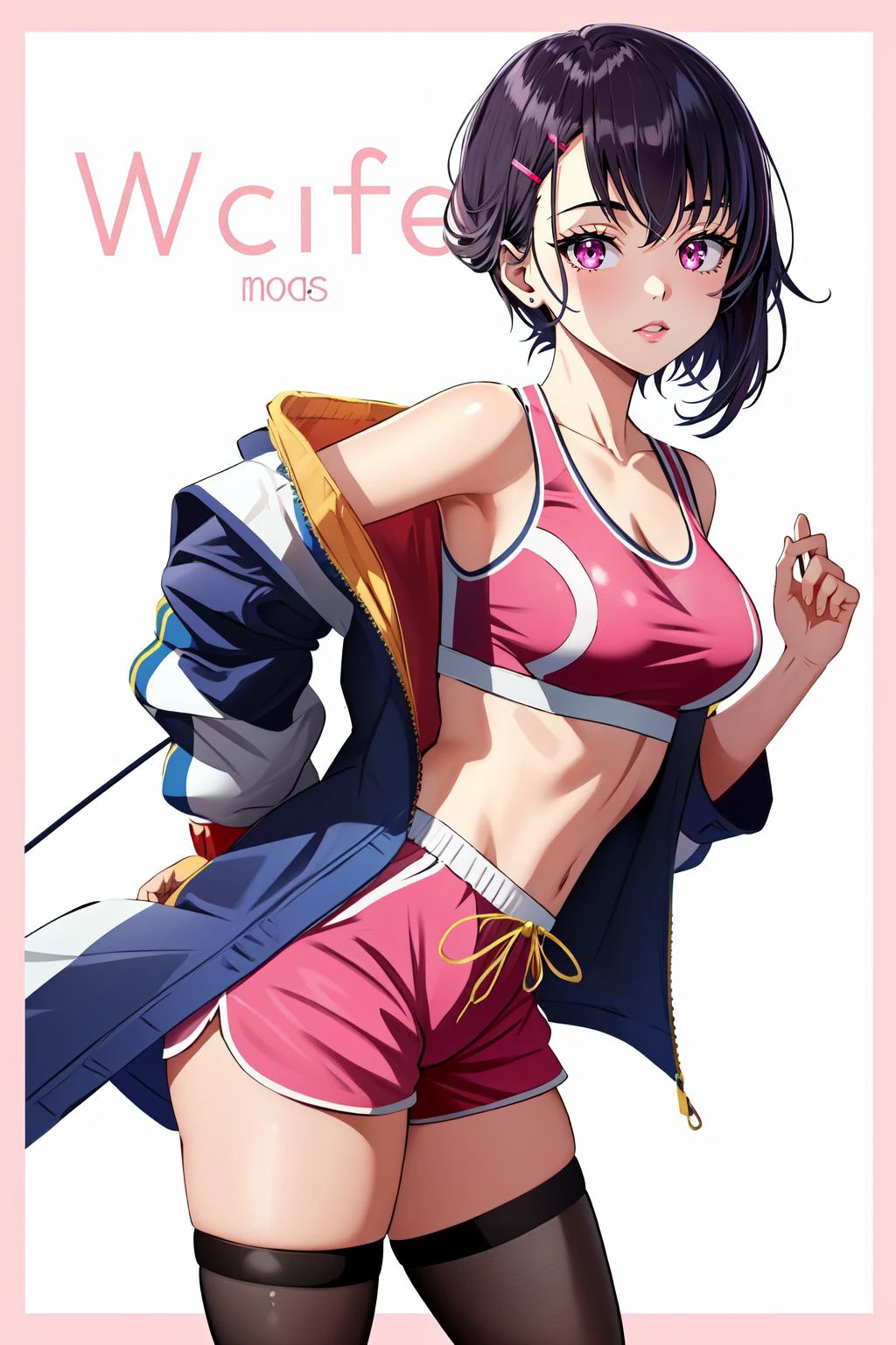(masterpiece, best quality), intricate details,
1girl, <lora:CHAR-MikazukiShizuka:0.8> MikazukiShizuka, hairclip, sports bra, pink dolphin shorts, legwear under shorts, black pantyhose, blue jacket, sports bra, pink dolphin shorts, legwear under shorts, black pantyhose, sleeveless, pink kimono, sash
magazine cover,