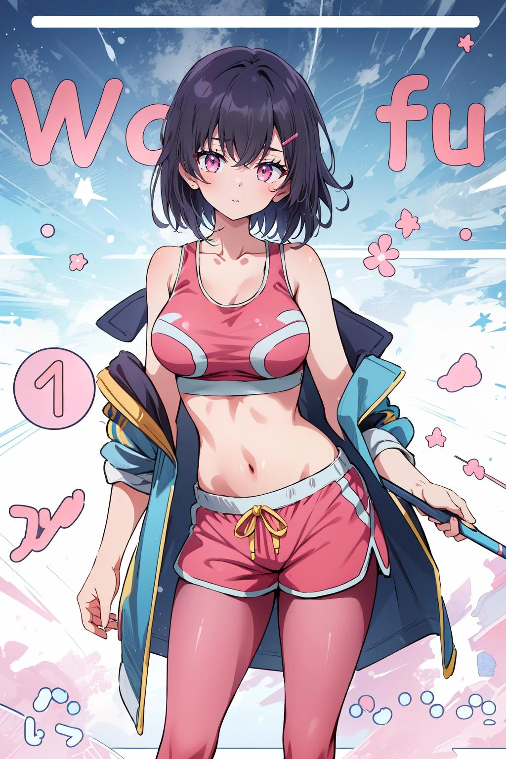 (masterpiece, best quality), intricate details,
1girl, <lora:CHAR-MikazukiShizuka:0.8> MikazukiShizuka, hairclip, sports bra, pink dolphin shorts, legwear under shorts, black pantyhose, blue jacket, sports bra, pink dolphin shorts, legwear under shorts, black pantyhose, sleeveless, pink kimono, sash
magazine cover,