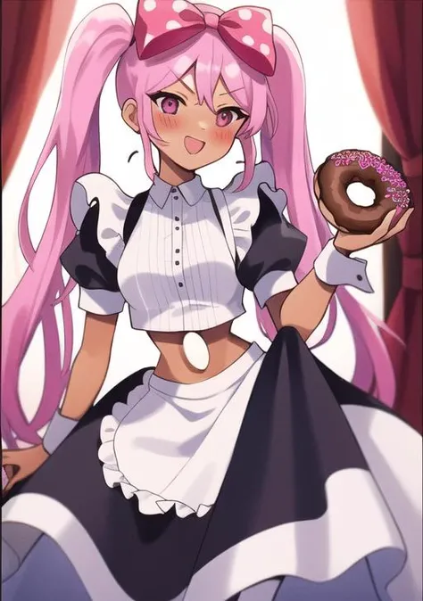 <lora:headspace-v2-000003:0.3>, 1girl, solo, <lora:SweetheartOmori0:0.95>, sweetheart, pink hair, pink eyes, twintails, tan, polka dot, hair bow, blush, midriff hole, (((maid))), holding doughnut, standing
