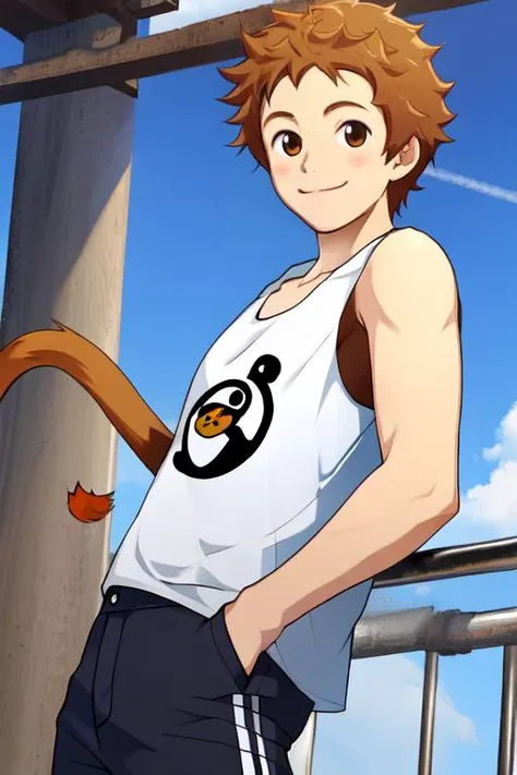 (masterpiece),(best_quality),1boy,Antera,monkey logo,white tank top,double vertical stripe pants,happy,monkey tail,looking at viewer,<lora:Antera:1>,