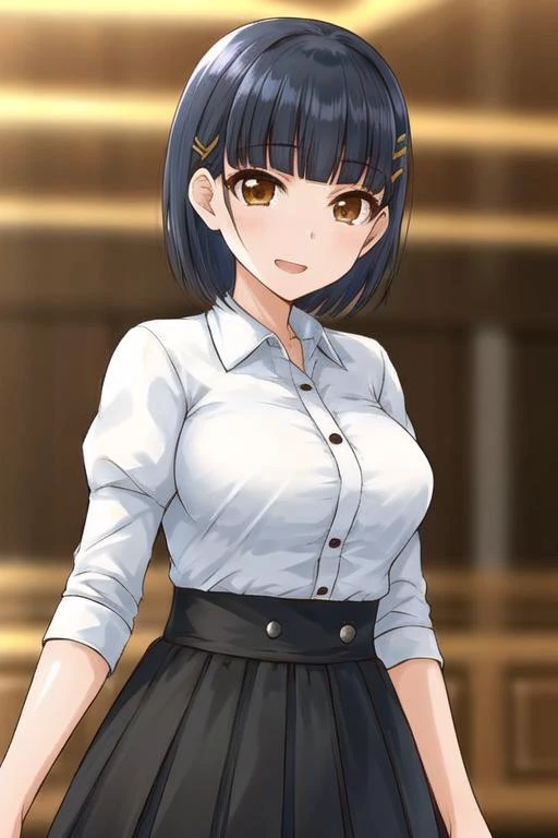 masterpiece, best quality, detailed face, <lora:HUEmi:0.5>, HUEmi, 1girl, bangs, black hair, blunt bangs, large breasts, hairclip, medium hair, brown eyes, indoors, tavern, collared shirt, long skirt, fantasy, puffy sleeves,