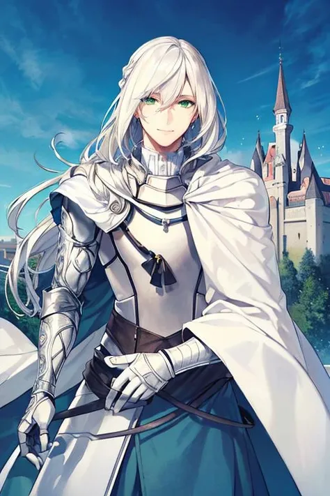 ((masterpiece)), ((best quality)), (ultra-detailed), absurdres, extremely detailed CG unity 8k wallpaper, Official Art, Accurate describe shapes, (realistic), detailed hands, expressive eyes, upper body, close-up, solo, (castle, scenery, dramatic light, illustration:1.1), (standing, arm at side, smile1.2), (1boy, mature male, white hair, long hair, green eyes:1.4), (white gauntlets, white cape, white armor, pauldrons:1.3), , ((masterpiece)), absurdres, HDR, bedivere (fate), airgetlam (fate), <lyco:GoodHands-beta2:1.0> <lora:Bedivere - FGO:0.7>
