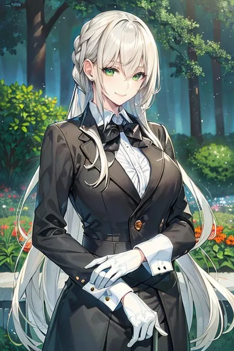 ((masterpiece)), ((best quality)), (ultra-detailed), absurdres, extremely detailed CG unity 8k wallpaper, Official Art, Accurate describe shapes, (realistic), detailed hands, expressive eyes, upper body, close-up, solo, (garden, scenery, dramatic light, illustration:1.1), (standing, arm at side, smile1.2), (1girl, mature female, large breasts, white hair, long hair, green eyes:1.4), (black jacket, white collared shirt, black bowtie, black pants, butler:1.3), , ((masterpiece)), absurdres, HDR, bedivere (fate), <lyco:GoodHands-beta2:1.0> <lora:Bedivere - FGO:0.7>