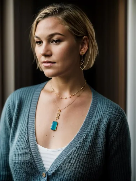 Realistic photo of a beautiful jul14s-v1 woman, 1girl, solo, short hair, (((blonde hair))), brown eyes, jewelry, earrings, necklace, lips, watermark, ring, cardigan, realistic, soft lighting, professional Photography, Photorealistic, detailed, RAW, analog, sharp focus, 8k, HD, DSLR, high quality, Fujifilm XT3, film grain, award winning, masterpiece<lora:jul14s-v1:1.0>