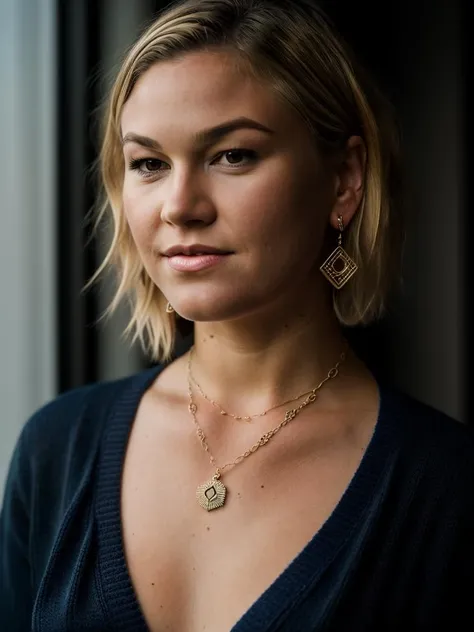 Realistic photo of a beautiful jul14s-v1 woman,   1girl, solo, short hair, (((blonde hair))), brown eyes, jewelry, earrings, necklace, lips, watermark, ring, cardigan, realistic, soft lighting, professional Photography, Photorealistic, detailed, RAW, analog, sharp focus, 8k, HD, DSLR, high quality, Fujifilm XT3, film grain, award winning, masterpiece<lora:jul14s-v1:1.0>