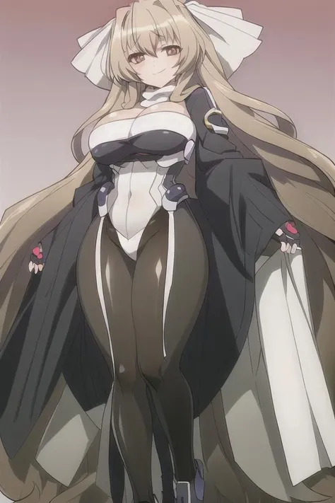 <lora:ximei:0.8>,ximei,{an extremely delicate and beautiful girl},8k wallpaper,{{{masterpiece}}},large breasts,<lora:add_detail:0.4>,1girl,((masterpiece)),(((best quality))),((ultra-detailed)),((illustration)),dynamic angle,1girl,long hair,solo,brown hair,breasts,pantyhose,very long hair,brown eyes,large breasts,gloves,fingerless gloves,bodysuit,full body,simple background,white background,wide sleeves,blush,covered navel,boots,looking at viewer,bow,smile,big hair,long sleeves,brown pantyhose,