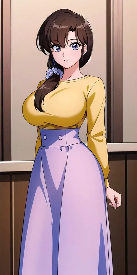 <lora:Tendou_KasumiV2:0.7>, tendou_kasumi, , Yellow_Shirt_blue_high-waist_skirt, standing, solo, large breasts,, masterpiece, best quality, detailed face, detailed eyes, highres,