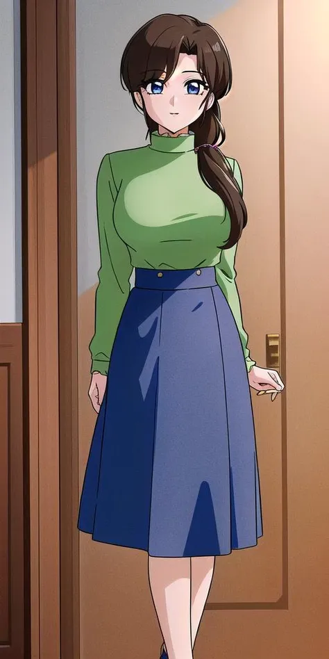<lora:Tendou_KasumiV2:0.7>, tendou_kasumi, , Green_Turtleneck_Shirt_Blue_Skirt, standing, solo, large breasts,, masterpiece, best quality, detailed face, detailed eyes, highres,
