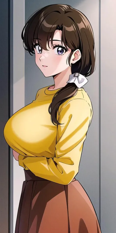 <lora:Tendou_KasumiV2:0.7>, tendou_kasumi, , Yellow_Sweater_Red_Skirt, standing, solo, large breasts,, masterpiece, best quality, detailed face, detailed eyes, highres,