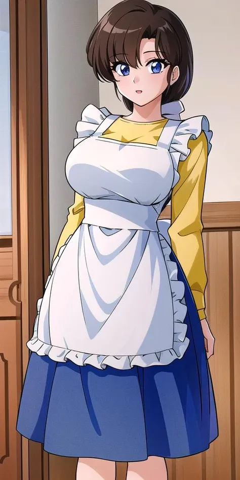 <lora:Tendou_KasumiV2:0.7>, tendou_kasumi, Apron_White_Ruffle, Yellow_Shirt_blue_high-waist_skirt, standing, solo, large breasts,, masterpiece, best quality, detailed face, detailed eyes, highres,