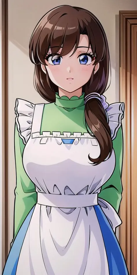 <lora:Tendou_KasumiV2:0.7>, tendou_kasumi, Apron_White_Ruffle, Green_Turtleneck_Shirt_Blue_Skirt, standing, solo, large breasts,, masterpiece, best quality, detailed face, detailed eyes, highres,