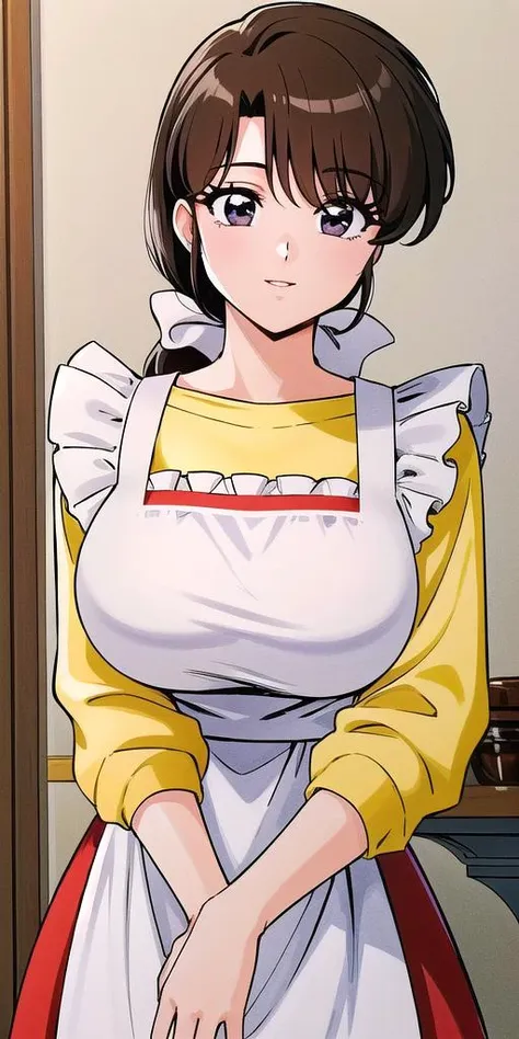 <lora:Tendou_KasumiV2:0.7>, tendou_kasumi, Apron_White_Ruffle, Yellow_Sweater_Red_Skirt, standing, solo, large breasts,, masterpiece, best quality, detailed face, detailed eyes, highres,