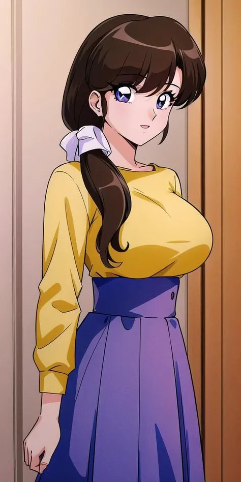 <lora:Tendou_KasumiV2:0.7>, tendou_kasumi, , Yellow_Shirt_blue_high-waist_skirt, standing, solo, large breasts,, masterpiece, best quality, detailed face, detailed eyes, highres,
