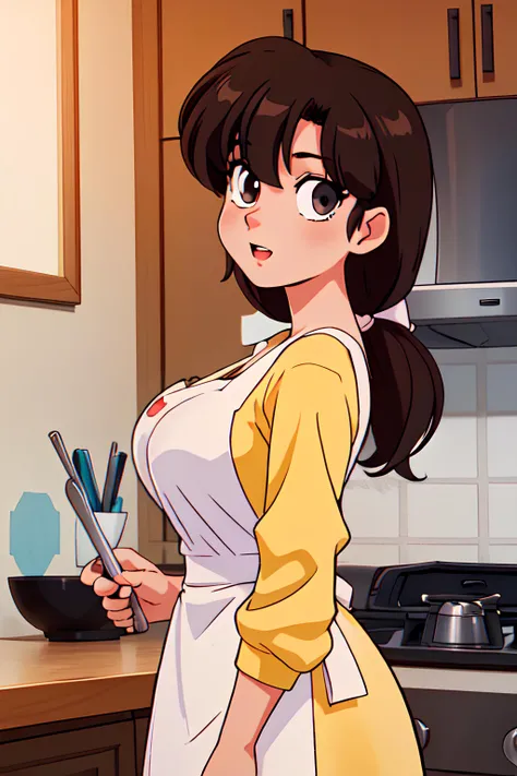 <lora:Tendou_KasumiV2:0.6> tendou_kasumi, Apron_White_Ruffle, Yellow_Sweater_Red_Skirt, standing, solo, large breasts,, masterpiece, best quality, detailed face, detailed eyes, highres,