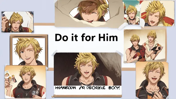 <lora:DIFH:0.8> difh, photo (object), english text, multiple views, poster, tape, cropped, <lora:Prompto:0.8> prompto, 1boy, blonde hair, short hair, spiked hair, twink boy, happy, final fantasy xv,, score 9, score 8 up, score 7 up, score 6 up, score 5 up, score 4 up,