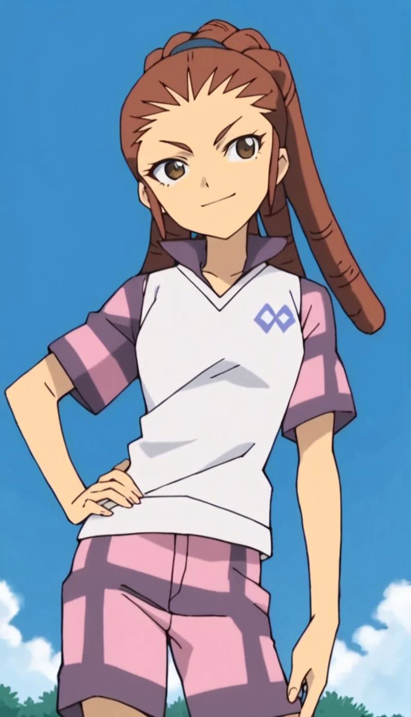 score_9, score_8_up, score_7_up, score_6_up, score_5_up, score_4_up, source_anime, 1girl, midou reika, dreadlocks, long hair, high ponytail, brown eyes, pose, smile, hand on own hip, <lora:Midou_Reika:0.8>