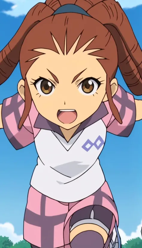 score_9, score_8_up, score_7_up, score_6_up, score_5_up, score_4_up, source_anime, 1girl, midou reika, dreadlocks, long hair, high ponytail, brown eyes, open mouth, standing on one leg, outstretched arms, looking at viewer, anime screencap, <lora:Midou_Reika:0.8>, <lora:Anime_Screencap:0.8>