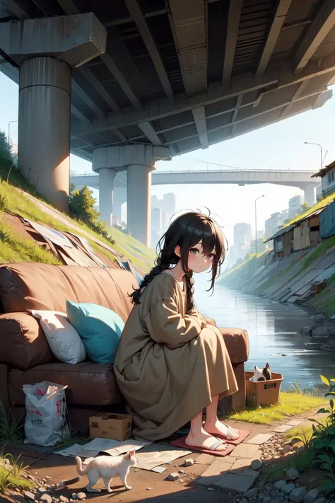 (((masterpiece))), (((best quality))), ((shack under bridge)), ((deep shadow)), ((sitting on sofa)), over size clothes, messy hair, kneel up, empty eyes, no pupil, poor, tired, dirty, tent, weed, cushion, blanket, fog, haze, city, tree, rock, ruin, gravel, stream, riverside, steep slope, corrugated box, animal, ((stray cat)), solo, 1girl, table, slippers, black hair, side braid, slim figure, <lora:50pics_shackunderbridge:0.8>