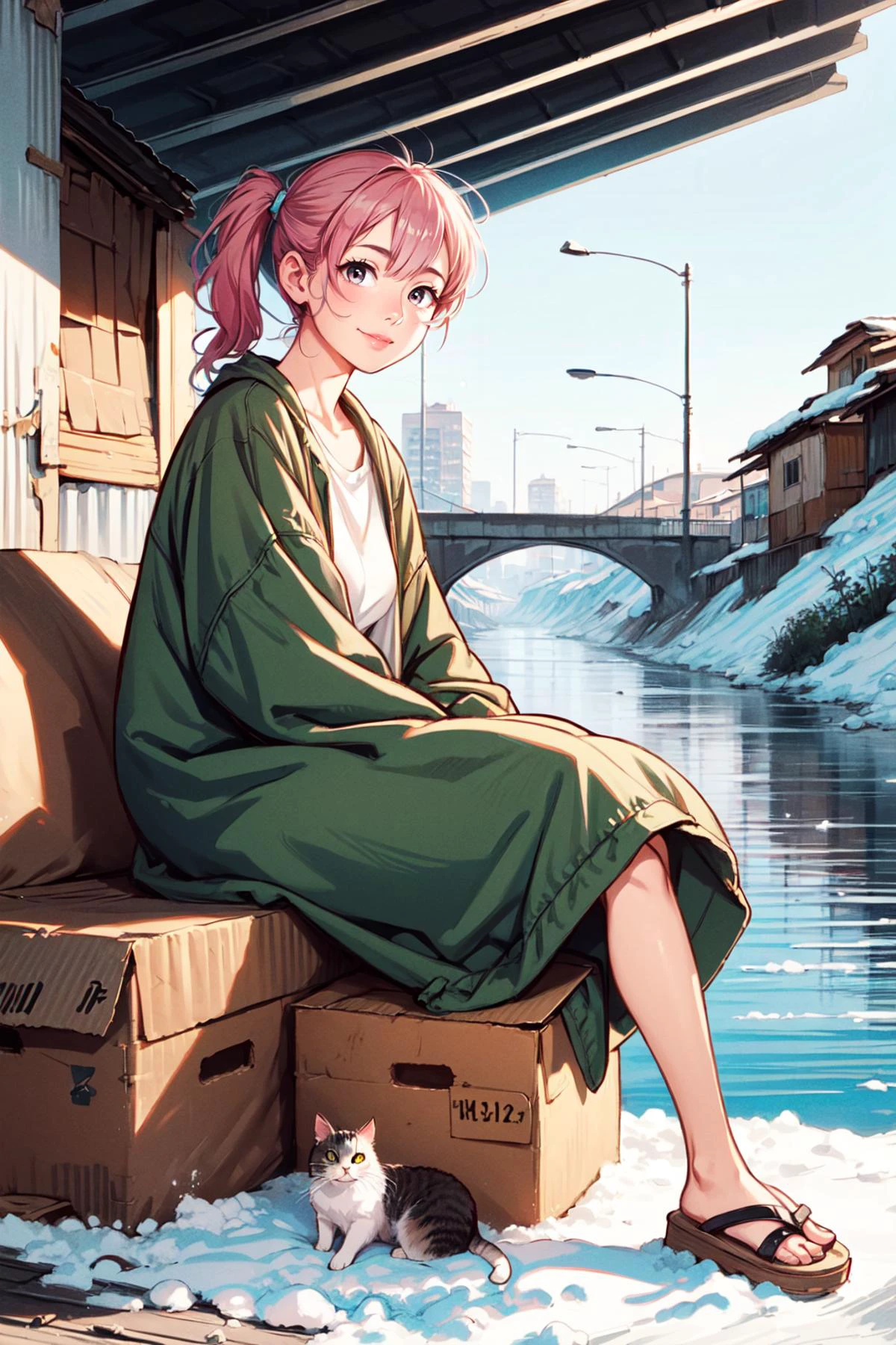 ((relaxing posture, sexy smile, look at sky)),
BREAK 1woman, ((young woman)), adorable, clear face, solo, (((full body))):1.33, (milky skin, curvy body, slender body, idol vibe), (long pony hairs, multicolor blonde pink hairs):1.2,
BREAK soft light, light on face, cinematic lighting, detailed(shadow),
BREAK <lora:add_detail:0.45>, extremely detailed, CG, finely detailed, (masterpiece, best quality):2.0, ((photorealistic:1.15)),
BREAK <lora:uber_saggy2:0.68>, saggy, sagging_breasts, ((large breasts)), <lora:Front face lighting åé¢ã©ã¤ãã¢ãã v2:0.5>,
((outdoors, (((shack under bridge)), ((deep shadow)), ((sitting on sofa)), over size clothes, messy hair, knee up, empty eyes, no pupil, poor, tired, dirty, tent, weed, cushion, blanket, fog, haze, city, tree, rock, ruin, gravel, stream, riverside, steep slope, corrugated box, animal, ((stray cat)),), snow, snow dust)):1.1, <lora:50 pics - shack under bridge v1:0.75>, (river),