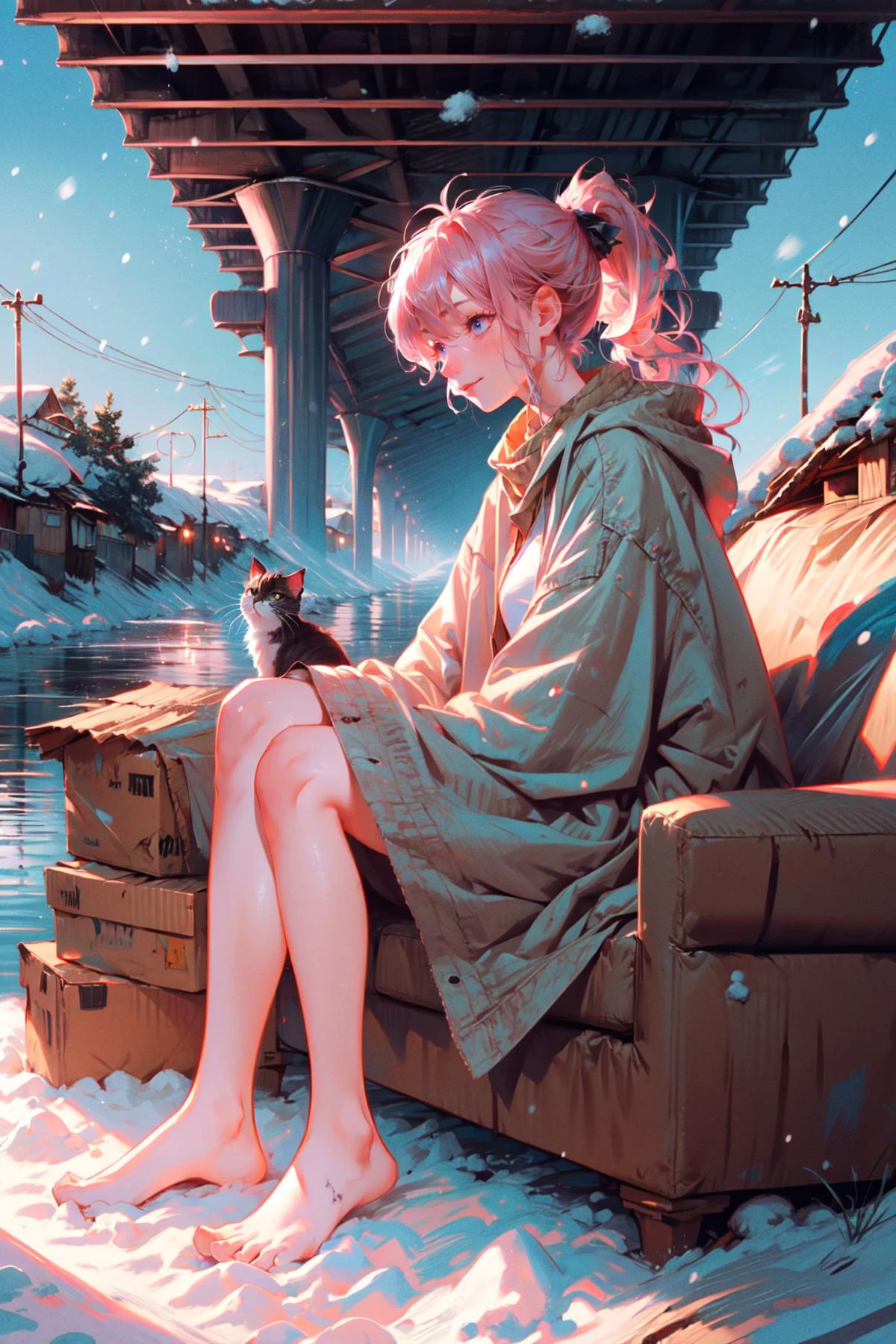 ((relaxing posture, sad smile, look at sky, wide view)),
BREAK 1woman, ((young woman)), adorable, clear face, solo, (((full body))):1.33, (milky skin, curvy body, slender body, idol vibe), (long pony hairs, multicolor blonde pink hairs):1.2,
BREAK soft light, light on face, cinematic lighting, detailed(shadow),
BREAK <lora:add_detail:0.45>, extremely detailed, CG, finely detailed, (masterpiece, best quality):2.0, ((photorealistic:1.15)),
BREAK <lora:uber_saggy2:0.68>, saggy, sagging_breasts, ((large breasts)), <lora:Front face lighting åé¢ã©ã¤ãã¢ãã v2:0.5>,
((outdoors, (((shack under bridge)), ((deep shadow)), ((sitting on sofa)), over size clothes, messy hair, knee up, empty eyes, no pupil, poor, tired, dirty, tent, weed, cushion, blanket, fog, haze, city, tree, rock, ruin, gravel, stream, riverside, steep slope, corrugated box, animal, ((stray cat)),), snow, snow dust)):1.1, <lora:50 pics - shack under bridge v1:0.75>, (river),